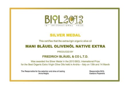 BIOL 2013, Internationaler Preis für bestes organisches Olivenöl\\n\\n02.05.2015 10:47