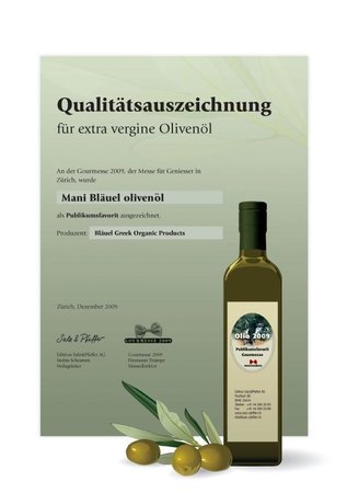 Auszeichnung als Publikumsliebling bei der Blindverkostung von Olivenölen im Rahmen der Gourmetmesse in Zürich 2009\\n\\n02.05.2015 12:09